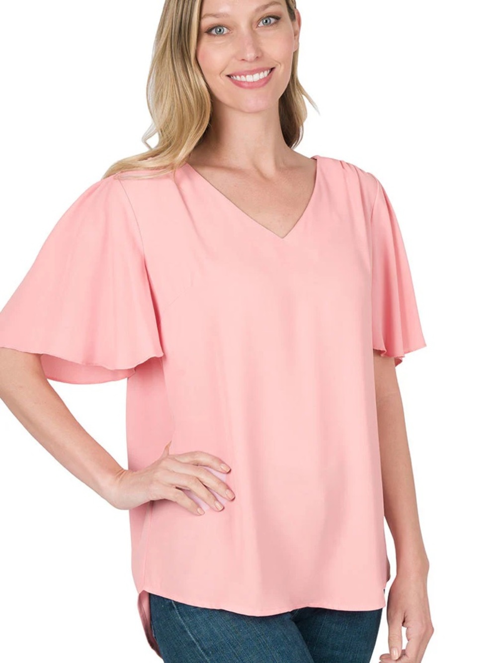 Zenana Outfitters Pink V-Neck Flutter Sleeve Blouse